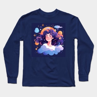 Woman with sweet dreams concept Young girl with galaxy and universe at hairs Long Sleeve T-Shirt